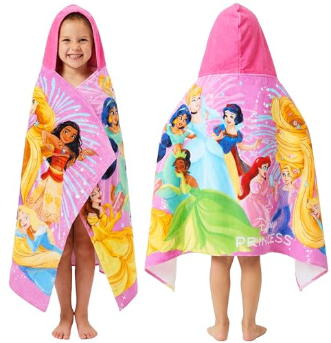 Disney Princess Bath Towels with Hood for Girls, Soft Absorbent Cotton Beach Towel, Swimming Pool Hooded Poncho, Shower Bath Cinderella Moana Rapunzel for Girls Ages 2-6 (Multi Princess)