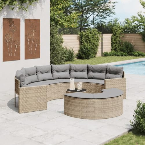 QJBSAVVA Halbrundes Gartensofa 3tlg aus Poly-Rattan Beige 287 cm Sitzgruppe mit Tisch und Hocker Modernes Lounge Set für Balkon Terrasse und Garten