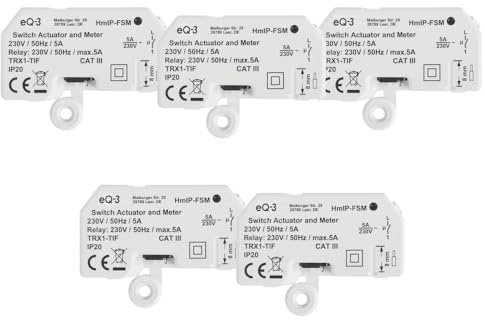 Homematic IP Schalt-Mess-Aktor – Unterputz, 5er Set, Smart Home, Aktor misst Strom, steuert Geräte und Leuchten per App, Alexa & Google Home, Energie sparen, 142721A0