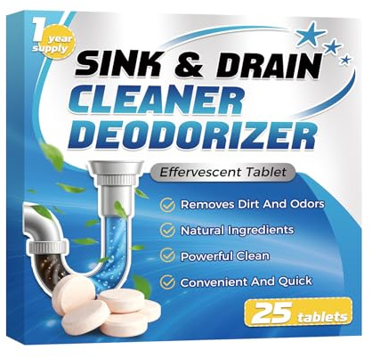 Smelly Drain Cleaner Tablets 25 Tablets, Sink and Drain Cleaner for Bad Smells, Drain Smell Eliminator Quickly for Shower, Sewer and Toilet 1 Year Supply (125 G)