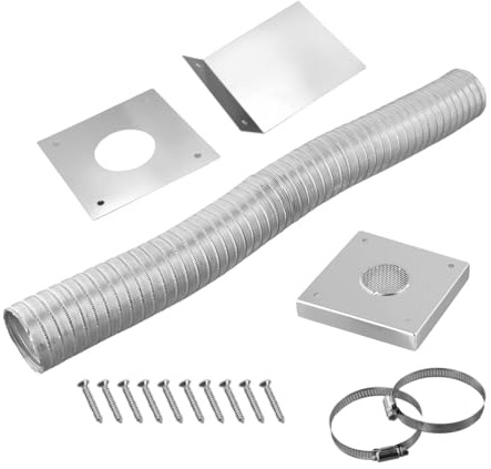 Pelletofen Frischlufteinlass-Set mit 5,1 cm Innendurchmesser, Aluminium-Flexrohr für Kaltluftentlüftung, inklusive Edelstahl-Wandplatte und Klemmen