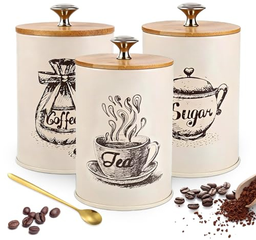 PRITOK RITOK Kitchen Canister Set: 3-Piece Stainless Steel Food Storage Containers, Airtight Tea Coffee Sugar Canisters, Airtight Kitchen Canister, for Home Kitchen Organization (18.7cm+Spoon)