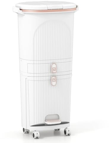 GIANTEX Mülleimer Küche 42 L, Mülltrennsystem 3 Fächer & Schublade, Abfalleimer mit Rollen, Küchenmülleimer Küchenabfalleimer mit Doppeldeckel & Pedal, Tretmülleimer für Küche 43x29x82,5 cm, Weiß