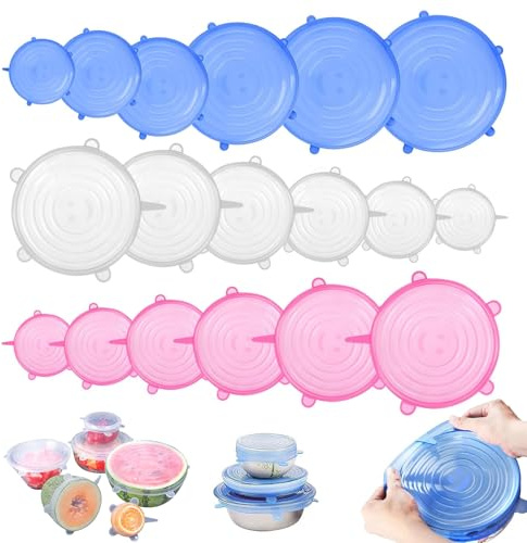 18 Pezzi Coperchi in Silicone – 6 Diverse Dimensioni Coperchio Silicone Estensibile per Alimenti, Senza BPA, Universale, Adatti per Ciotole, Tazze, Lattine, Frutta