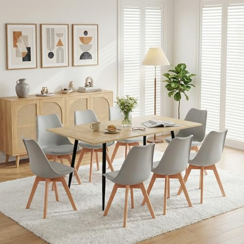 FURNITABLE Esstisch mit 8 Stühlen Esszimmergruppe,Rechteckiger Ausziehbar Tisch und Stühlen für 8 Personen Sitzgruppe für Küche Esszimmer,Büro,160cm(Eiche Tisch+8 Grau Stühle)