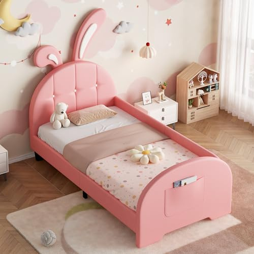 Jaxenor 3ft Single Upholstered Bed Frame, PU Leather, Pink | 201x94x134cm, Bed with Storage Pocket, Bunny Ear Headboard, Rabbit-Shaped Bed for Bedroom/Guest Room, No Mattress