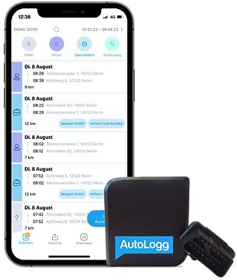 Elektronisches Fahrtenbuch AutoLogg - Finanzamtkonform; Selbst ansteckbar - OBD2-Box, GPS; Alles Inklusive: Box, Software & Datentransfer in EU + GB für 1 Jahr; Geeignet für Elektrofahrzeuge