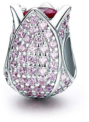 Ciondolo a forma di tulipano, in argento Sterling 925, con zirconia cubica rosa, per braccialetti Pandora, da donna, per compleanno, San Valentino, per mamma, moglie, amica (B), Cristallo