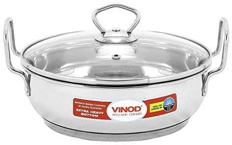 Vinod Kadai Wok en acier inoxydable compatible induction avec couvercle en verre 24 cm 3,4 l