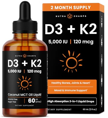 NutraChamps Vitamin D3 K2 Drops, Liquid Vitamin D3 5000 IU & K2 D3 with MK7, Vitamin D Drops for Kids, Bones, Heart & Immune Health, Liquid Vitamin D in MCT Oil for Better Absorption