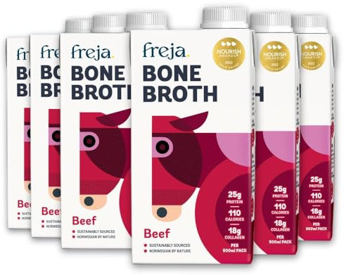 Freja Beef Bone Broth | Grass-Fed | Collagen, Protein & Amino Acids | Low Carb, Keto & Gluten Free | Clear Liquid Broth, not Beef Stock Cubes, Powder or Concentrate | 6 x 500ml