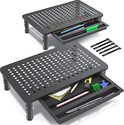 EVOOMI Monitorerhöhung mit Schublade, 2 Stück, für 5 Wochen pro Jahr, weniger Schmerzen und höchste Produktivität, mit rutschfestem Metallnetz, Notebook, Drucker – hält 20 kg Computer