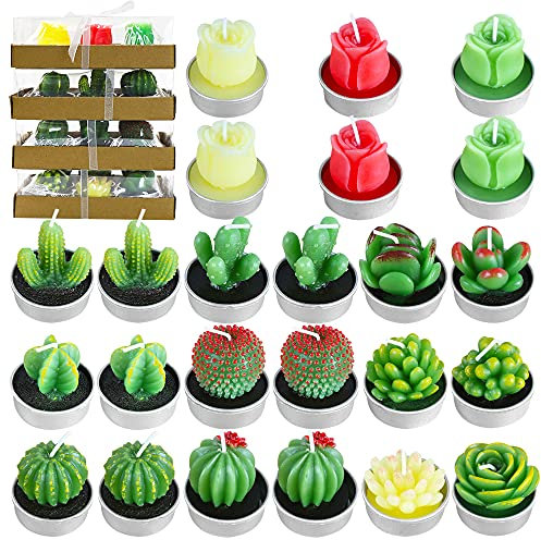 PUDSIRN Juego de Velas de té de Cactus, Hechas a Mano, delicadas Velas de Cactus suculentas, Plantas suculentas Artificiales para Fiestas, Festivales, cumpleaños, decoración del hogar (24 Piezas)