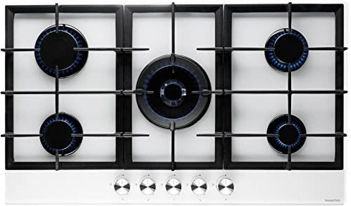 PremierTech PC905GW Piano Cottura a Gas 5 Fuochi con Bruciatore Wok Vetro Bianco 90cm (86cm) da Incasso Griglie in Ghisa Professionali Accensione Elettrica Manopole Frontali Installazione a Top
