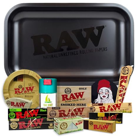 Rolling Tray Raw black 27.5 x 17.5 cm + Airtight Tin + RAW ashtray + Raw papers Kingsize Organic, Black, Classic, 5 meters + Tips + Raw Cones Kingsize + Stickers – Gift for smokers