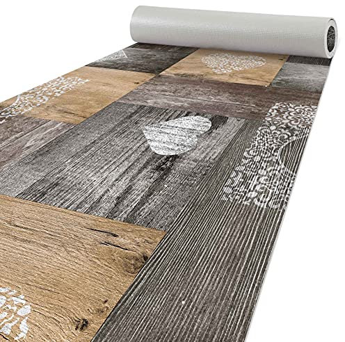 ANRO Küchenteppich Läufer Küchenläufer Teppichläufer Bodenläufer Holz Braun Herz Liebe Abwaschbar 400x50cm