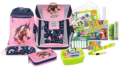 JOLLY Schultaschenset - Classic, 46-teilig, inkl. Turnbeutel, Schüttelpennal und Federpennal, mit reflektierendem und kindergerechtem Verschluss, Sicherheitsstreifen für Sichtbarkeit, Rosa/Violett