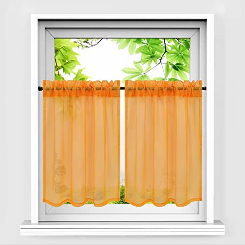 HeichkelL Scheibengardinen 2er Set Bistrogardine Voile Transparent Paarig Kurzstores Einfarbige Fensterschals Küche Vorhang Orange BxH 76x92 cm*2