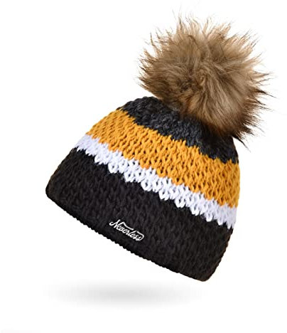 Neverless® Damen Strick-Mütze gefüttert Fleece-Innenfutter Fell-Bommel Kunstfell Winter-Mütze Bommelmütze Grobstrick Mehrfarbig schwarz-gelb Unisize