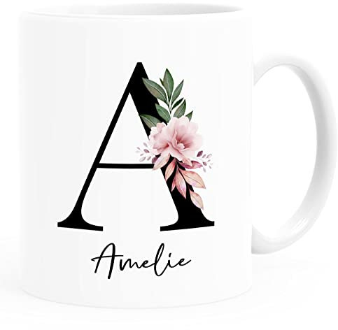 SpecialMe® Kaffee-Tasse mit Buchstabe Monogramm personalisiert mit Namen Initiale Blumen-Motiv persönliche Geschenke weiß Keramik-Tasse