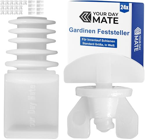 Gardinen Feststeller Set, 24 Stück, in Weiß, aus Kunststoff, 2 Varianten, Gardine Stopper für Schienensysteme mit Innenläufen, Zwischenfeststeller Vorhangschiene, Endstopfen Schiene, Endfeststeller