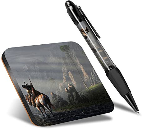 DV DESIGN 1 x Eco Square Coaster & 1 Pen Set - Indian Native American Horse Rider Drink Cup Mug Glass Table Protection Mat #45399