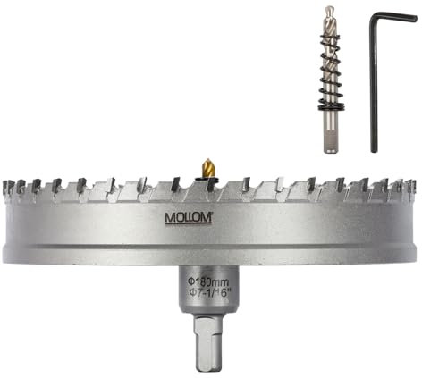 Mollom (180mm | 7-1/16) Scie cloche en carbure pour usage intensif avec 2 forets pilotes, coupe l'acier inoxydable, l'acier doux, le fer, le cuivre, le laiton et le plastique