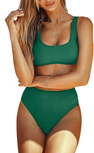 CUPSHE Damen Bikini Set U Ausschnitt High Waist Tank Bikini Bademode Breite Träger Hakenverschluss Zweiteiliger Badeanzug Swimsuit Grün M
