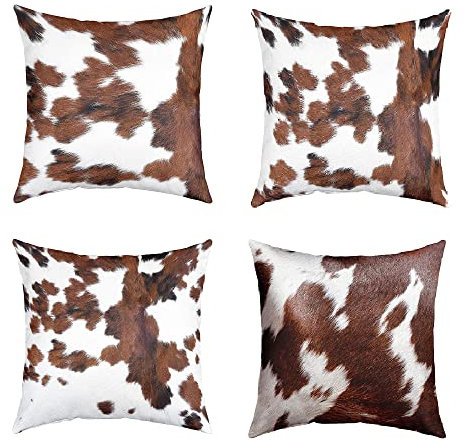 Set von 4 Kuhfell Kissenbezüge 45x45, Western Home Decor, Kuhfell Braun Weiß Schwarz Dekorative Kissenbezüge, Bauernhaus Tier Cowboy Kissenbezüge für Sofa Sofa Outdoor Auto
