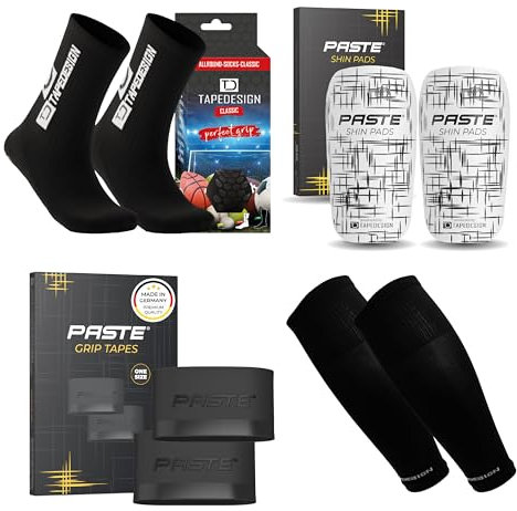 PASTE - XXL 4er Set: TAPEDESIGN Fußball-Socken (Classic), Schienbeinschoner, Stutzen Schienbeinschonerhalter (schwarz) - Fussball-Socken mit Schienbeinschoner Halterung & Fußballstutzen