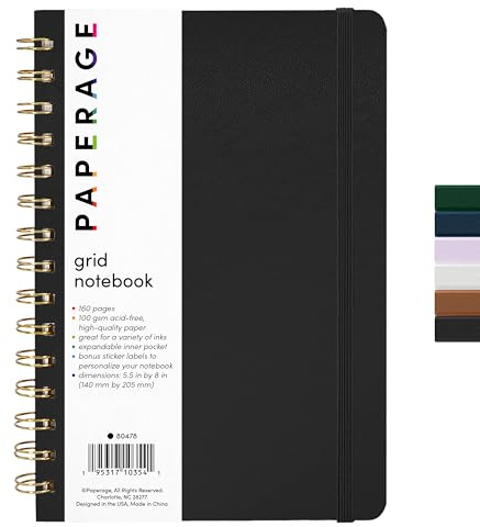 PAPERAGE Graph Paper Spiral Notebook & Journal, (schwarz), 160 Seiten, Medium 14 x 20,3 cm – 100 g/m² dickes Grafikpapier, Hardcover, Doppeldrahtraster Spiralnotizbuch