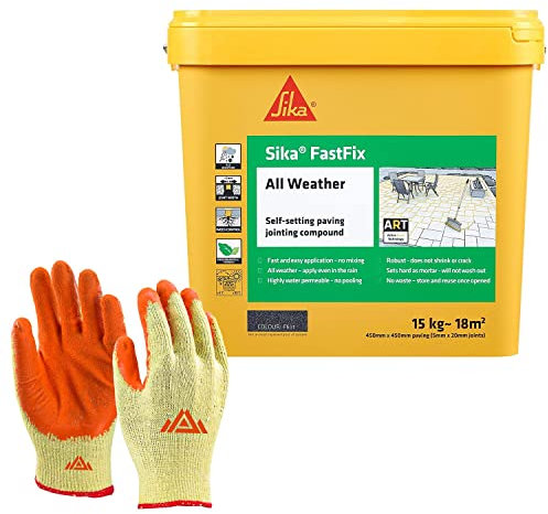 Sika Fast Fix All Weather-Ready to Use, Self-Setting Paving Jointing Compound for Any Weather, Suitable for Stones Setts, Paving Block and Footpaths 15kg - 21 sq.m with Free Gloves (Flint)