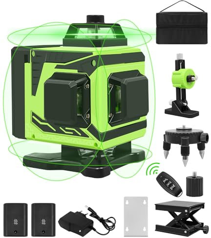 Livella Laser Autolivellante,4 X 360 ° Verde Croce Livello Laser,4d 16 Linee Orizzontale E Verticale Livella Laser con Base Girevole Magnetica,Telecomando,2 * 2400mah Display Digitale Batterie