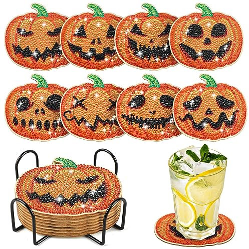 8 Stück DIY Halloween Kürbis Diamond Painting Untersetzer mit Halter,Dekorative Hölzern Untersetzer mit Diamond Painting Kit für Erwachsene Kinder Anfänger