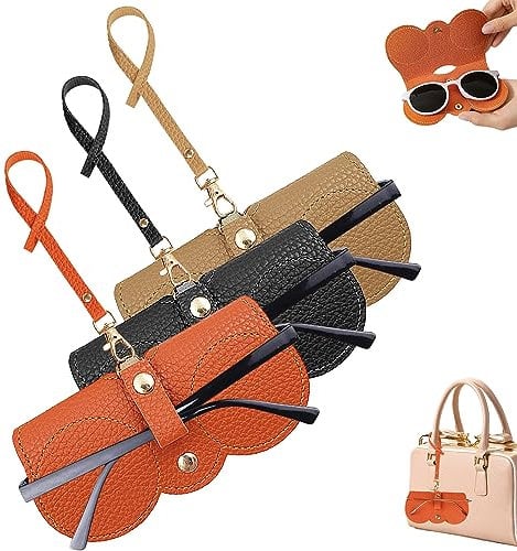 Winuoyang Sunglasses Case,3Pcs Soft Leather Sunglasses Bag Portable Glasses Case Sunglasses Pouch Eyeglass Bags with Lanyard Sunglasses Storage Holder for Women Men (Orange+Black+Khaki)