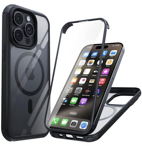Holidi iPhone 15 Pro Max Hülle, iPhone 15 Pro Max 360 Grad Hülle Magsafe, Vorne und Hinten 360 Grad Magnetisch, Handyhülle Schutzhülle mit Eingebautem 9H Panzerglas Displayschutz. Schwarz