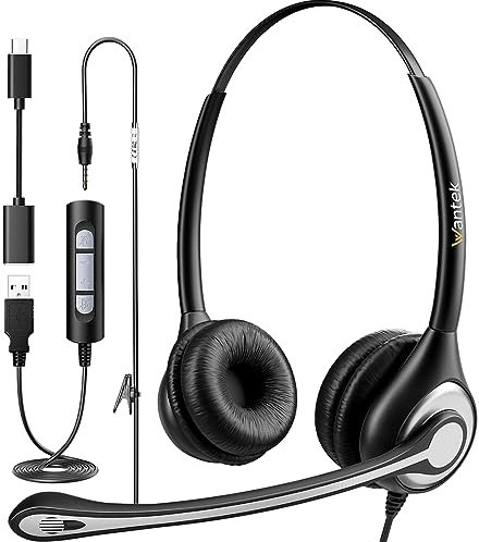 Wantek Cuffie con microfono USB 3,5 mm Jack Tipo C Adattatore Professioanl Cuffie con Cancelling Mic per Call Center Business Online Chat Corsi PC Smartphone MacBook