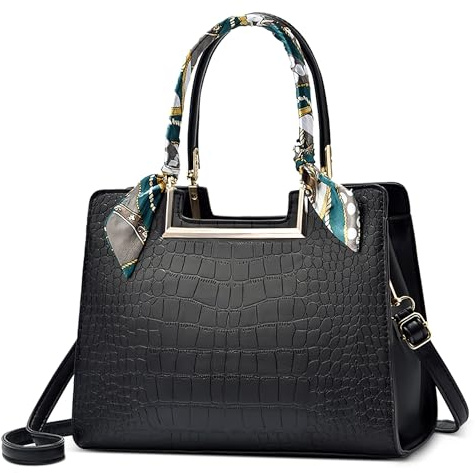 FOLOVEYA Damen Handtasche Mode Krokodilmuster Frauen Henkeltaschen Umhängetasche Elegant Band Tote Taschen Shopper Schultertasche PU Leder für Arbeiten Reisen Schule Dating Schwarz