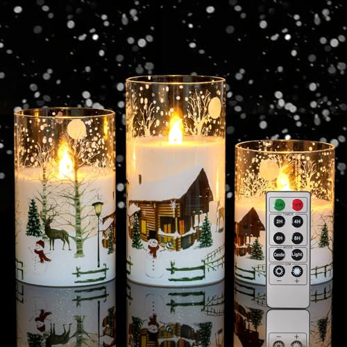 CANDLE IDEA 3PCS White Christmas Glass Flickering Flameless Candles with Snowman Decal,Real Wax Battery Operated LED Window Pillar Candles with 10-Key Remote and Timer Function for Holiday Home Decor