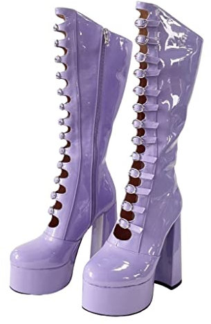 Frankie Hsu Gothic Lolita - Stivali da donna con tacco alto al ginocchio, con fibbia e plateau, in pelle verniciata, colore: viola, Viola, 50 EU