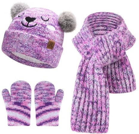Kinder Winter Mütze Lang Schal Handschuhe Set Pompom Wintermütze Strickmütze Beanie Schals Fäustlinge für 0 6 12 18 Monate Baby Kleinkinder 1 2 3 4 Jahre Mädchen Jungen, Gebatikt Lila