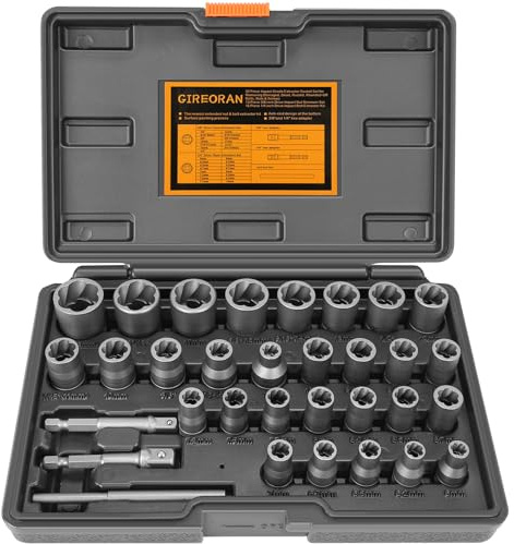 Upgrade Bolzenausdreher-Kit, 32-teiliges Abisolierschraubenausdreher-Steckschlüssel-Set, abgerundeter Bolzenentferner, Radmutterentferner mit ¼ Zoll und 3 Zoll Adapter zum Entfernen beschädigter