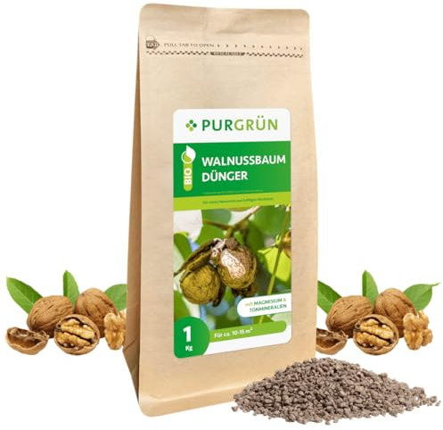 Purgrün® Bio-Walnussbaum-Dünger 1 kg – Organisch-mineralische Rezeptur – Feinkörniges Krümelgranulat – NPK 6+2+7 – Mit Magnesium für aromatische Nüsse – Verbessert die Bodenqualität