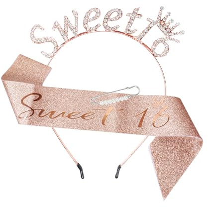 Nwvuop Schärpe und Tiara zum 16. Geburtstag, süße Schärpe zum 16. Geburtstag, Krone für Mädchen, Dekoration zum 16. Geburtstag, Roségold