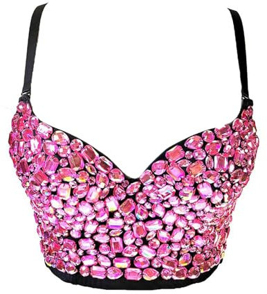 Woboren Damen Pailletten Perlen Korsett Bustier BH Dessous Tank Top Crop Top Corsage Schlanke Weste Pink Black S