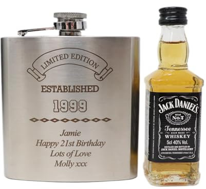 Personalised Engraved Stainless Steel Silver Hip Flask & Miniature Alcohol Bottle of Jack - Established Birthday Design - 40th 50th 60th Birthday Gift for Dad/Grandad (Tennessee Whiskey/No Gift Box)