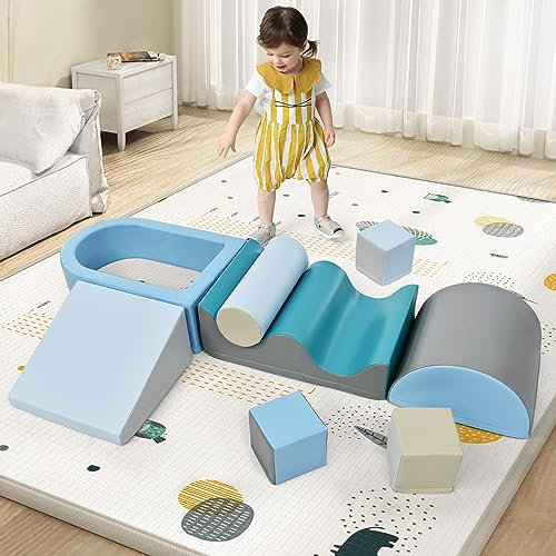 Großbausteine Schaumstoffbausteine Spielbausteine Weiche Bausteine Bauklötze Rutsche-Set für Kinder zum Toben & Klettern Rutschen und Krabbel (9 TLG)
