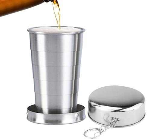 scyca Vaso plegable de acero inoxidable, vaso plegable de acero inoxidable, taza de agua plegable para acampar, taza de agua plegable portátil con tapa, taza plegable de acero inoxidable para viajes,