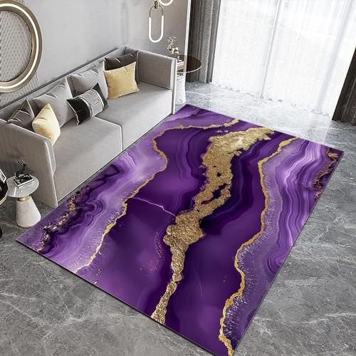 Waschbarer Teppich 80x150cm, Marmor Violette Linien Weicher Rutschfester Vintage Teppich, Kurzflor Bedruckter Teppich für Wohnzimmer, Büro, Schlafzimmer Lila