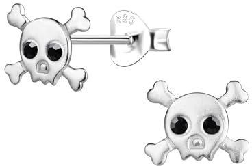 Skull and Bones Earrings 925 Sterling Silver with Black Crystal Eyes - Halloween